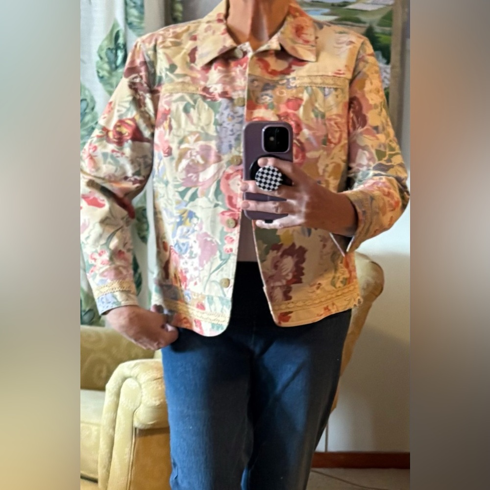 Coldwater Creek Multicolor Floral Cotton Twill Jacket w Crochet Embellishment - Picture 3 of 12